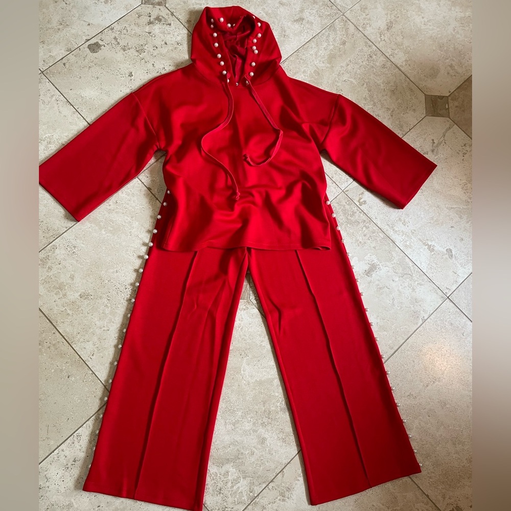Red Pearl-Accent Wide Leg Pants & Hoodie Set - Picture 1 of 9